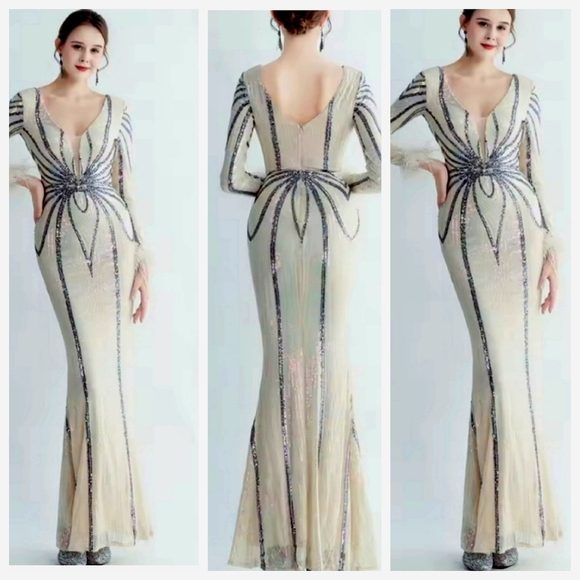 Gray and Cream Backless Embellished Gown with Bishop Sleeves - Picture 1 of 13
